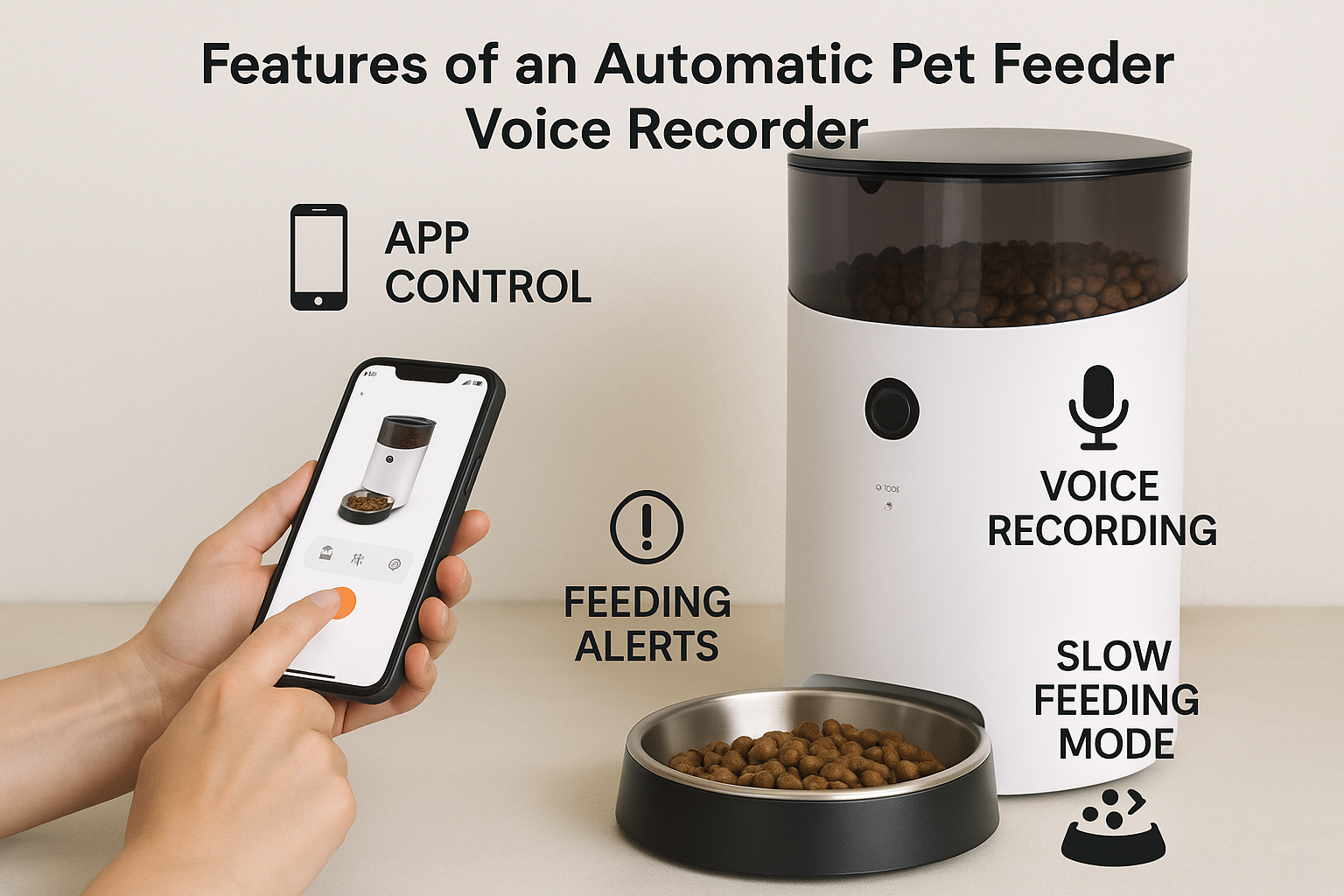 Diagram showing features of a modern automatic pet feeder voice recorder system with app controls and alerts. Alt: Features of an automatic pet feeder voice recorder including app control and slow feeding mode.