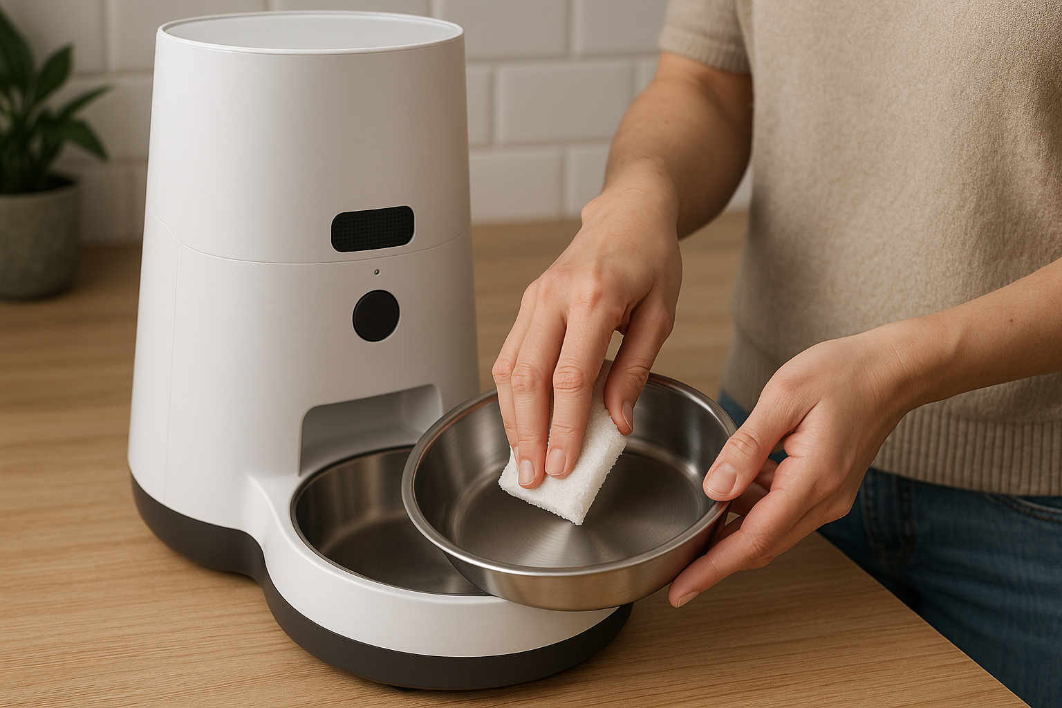 Person cleaning an automatic pet feeder voice recorder’s bowl, illustrating maintenance. Alt: Easy maintenance of automatic pet feeder voice recorder with clean stainless steel bowl.