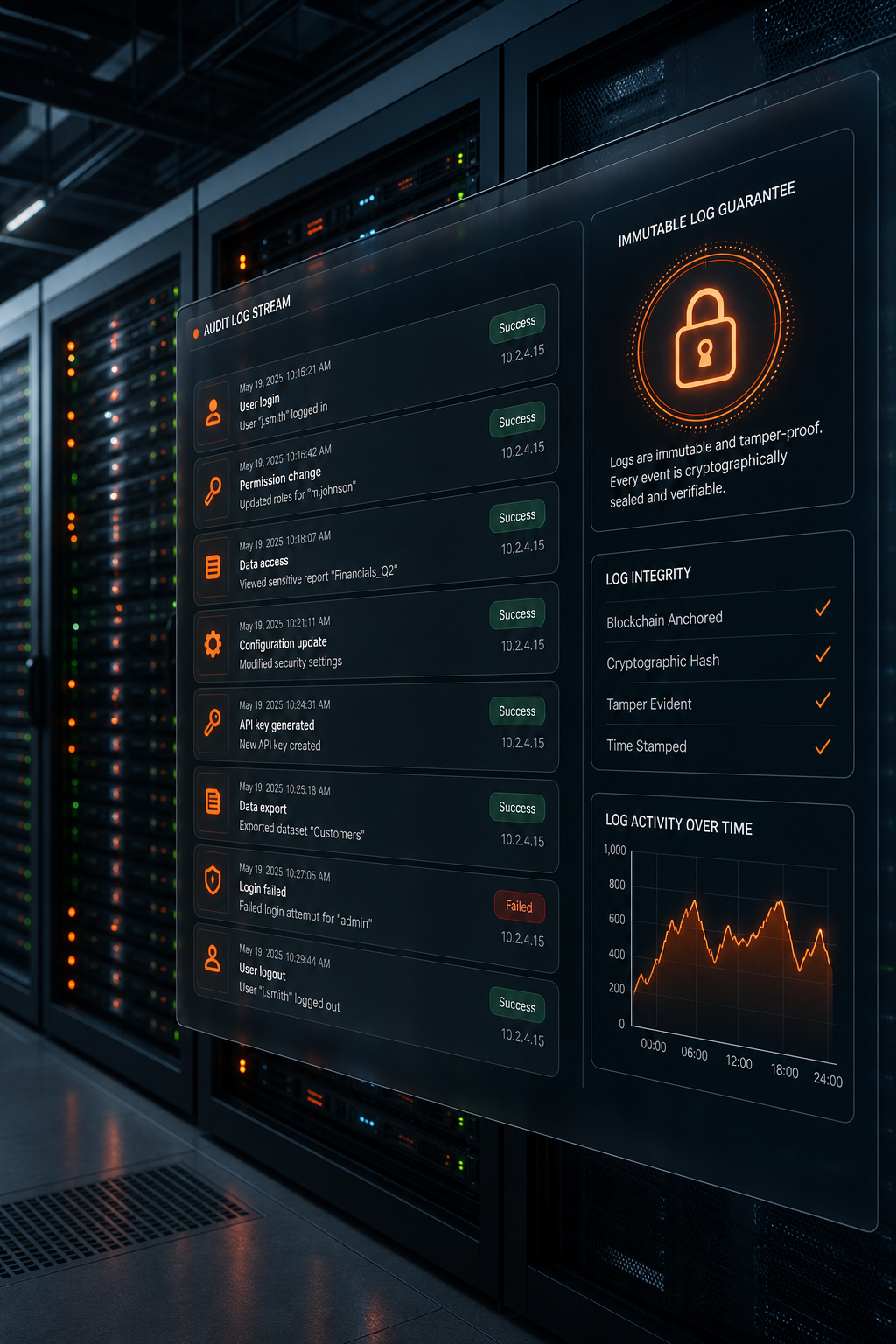 A realistic illustration of a secure server room with glowing audit log records streaming across a digital dashboard, showing immutable logs in a SaaS environment. Alt: secure immutable audit logs visualization