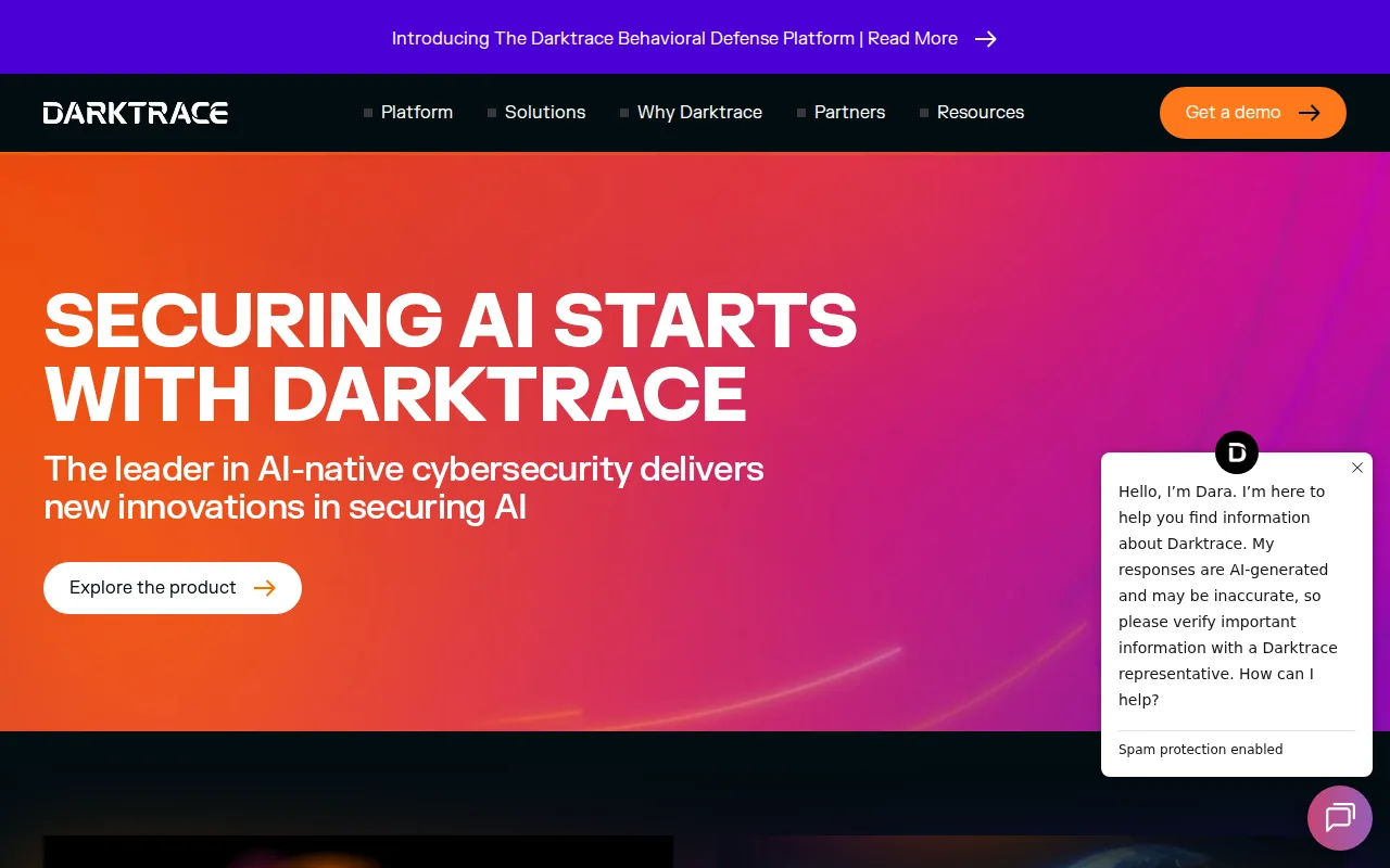 Screenshot of the Darktrace website