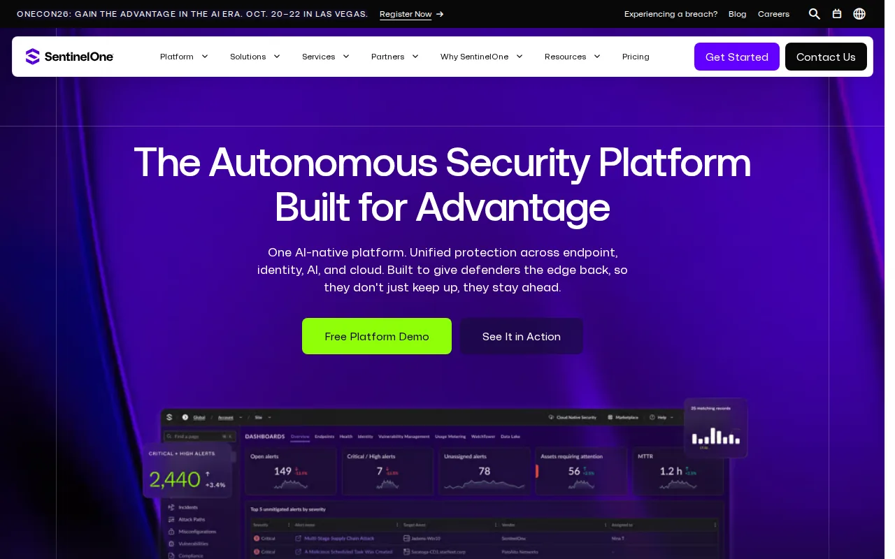 Screenshot of the SentinelOne website