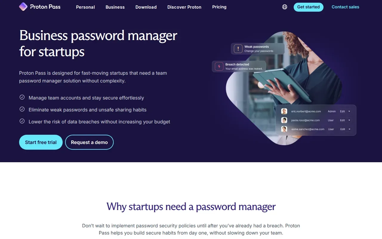 Screenshot of the Proton Pass for Business website