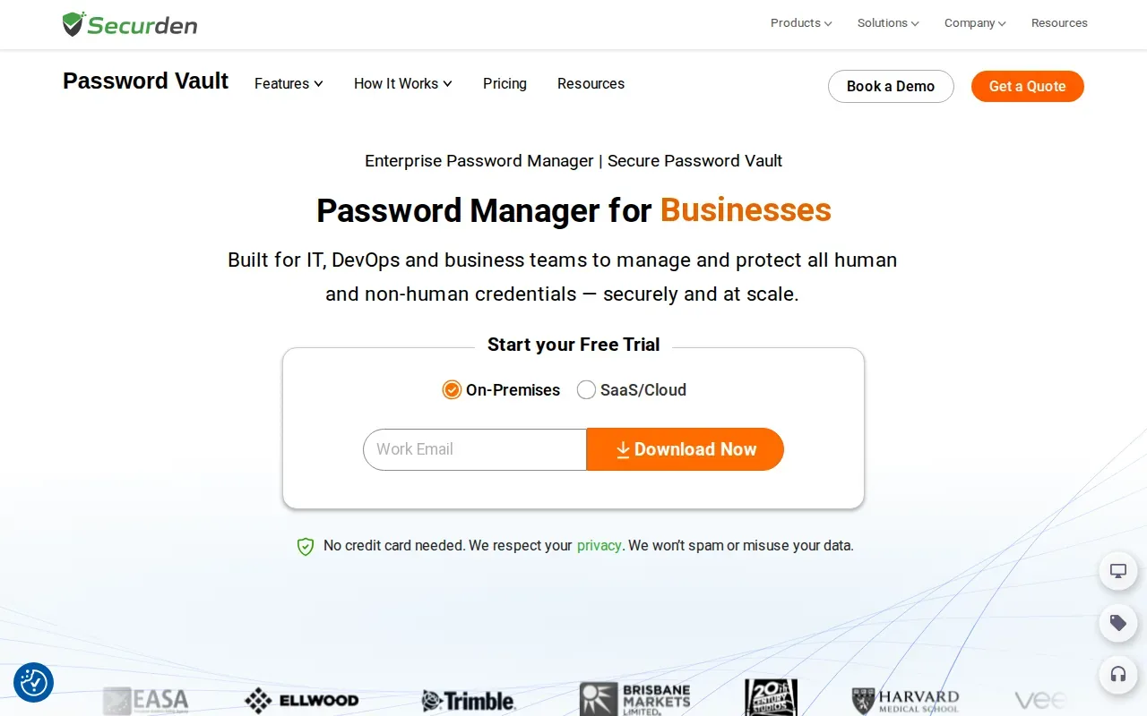Screenshot of the Securden Password Vault for Enterprises website
