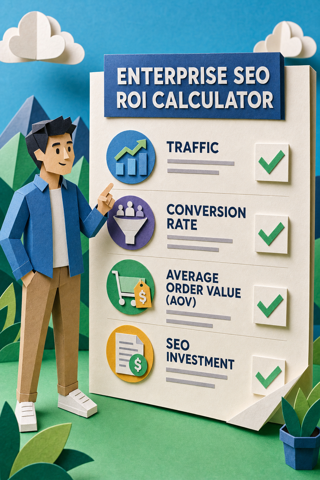 A papercraft scene of a person standing next to a giant checklist with icons representing traffic, conversion rate, AOV, and SEO spend. The style is colorful and slightly 3D with paper textures. Alt: A papercraft illustration of key metrics for enterprise SEO ROI calculator: traffic, conversion rate, average order value, and SEO investment.
