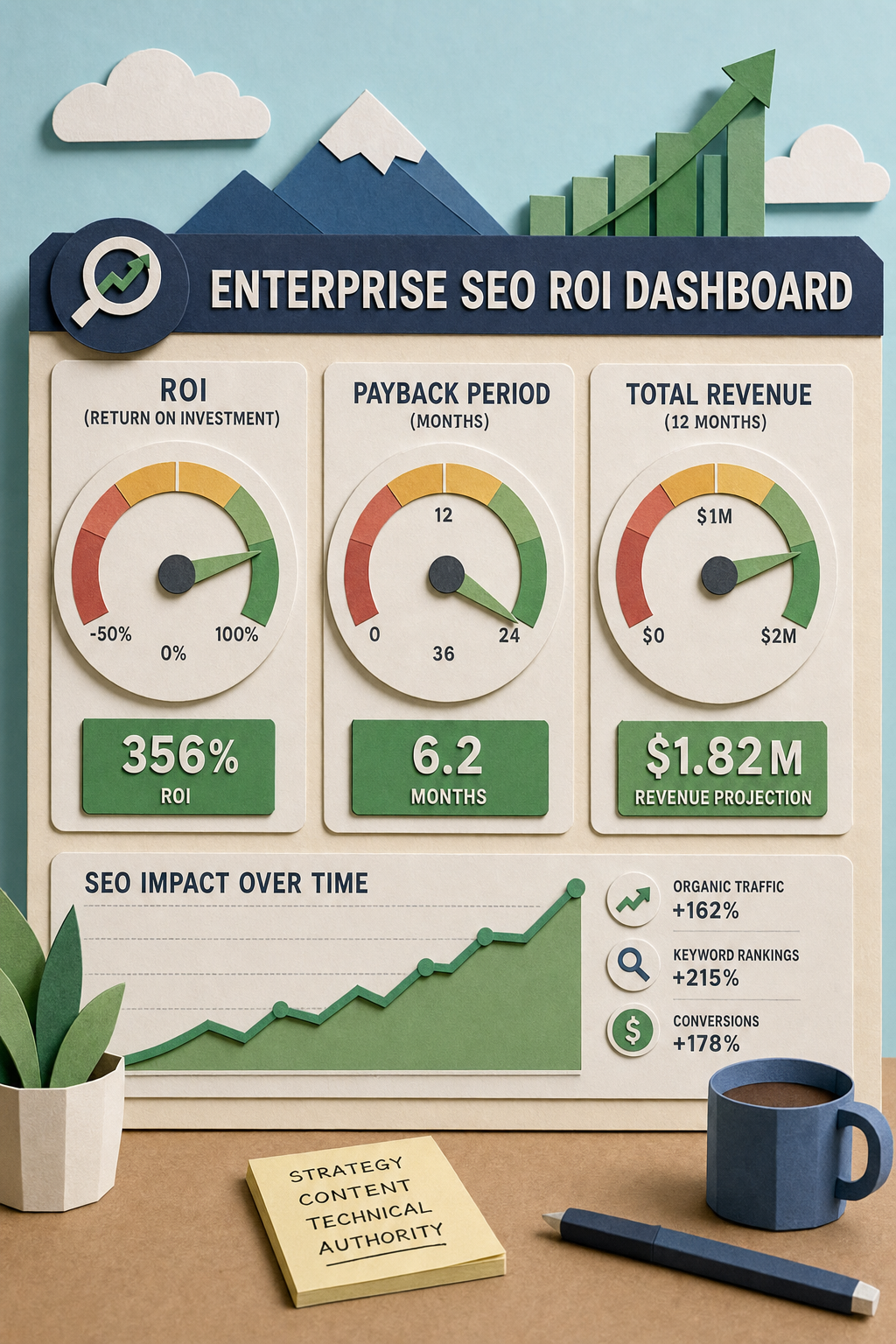 A papercraft scene of a dashboard with three large dials showing ROI percentage, payback period in months, and total revenue in dollars. The dials have paper-cut arrows pointing to green zones. Alt: A papercraft illustration of an enterprise SEO ROI dashboard with dials for ROI, payback period, and revenue projection.