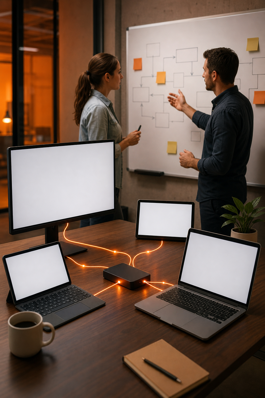 A modern workspace with laptops and screens connected by glowing lines representing smooth integration. Two professionals discussing workflow on a whiteboard. Warm lighting with brand accent #FF6B00. Alt: Enterprise system integration consultation with Lakeway Web Development team.