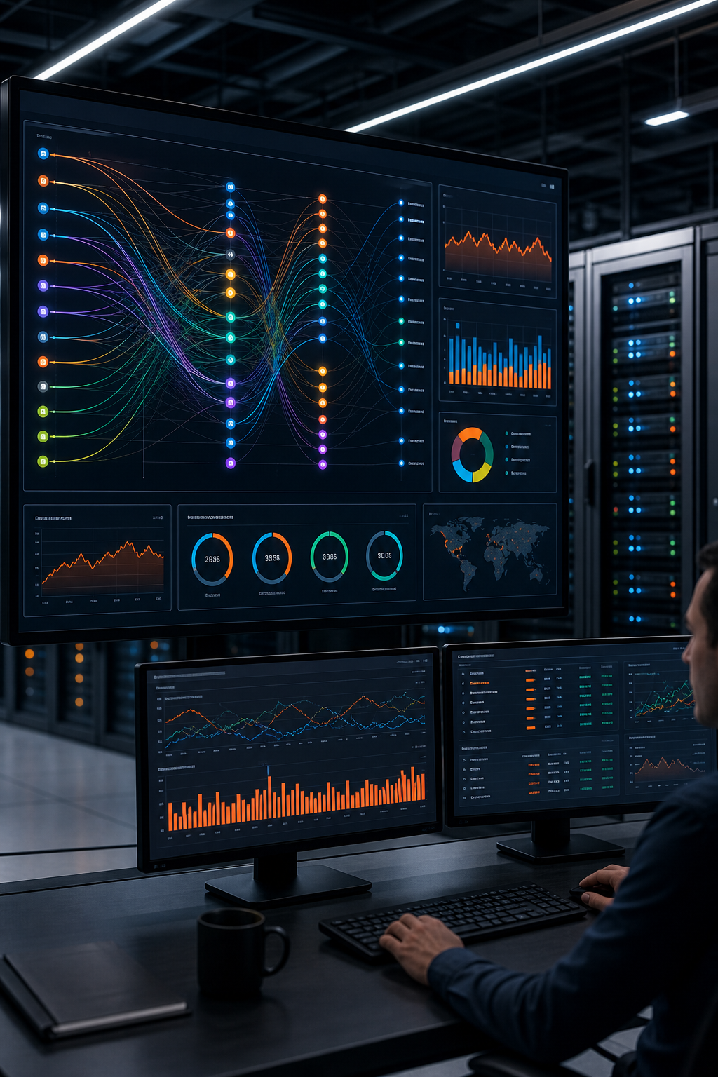A real-time data streaming dashboard showing event flow with colorful lines and nodes. Dashboard monitors show live metrics. Server racks in background. Alt: Visual interface for event-driven enterprise system integration.