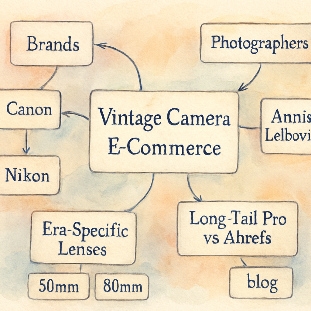 A sleek dashboard displaying interconnected entities for a vintage camera e‑commerce site, with highlighted relationships to brands, photographers, and era‑specific lenses. Alt: Entity SEO tools dashboard showing semantic connections for product pages.