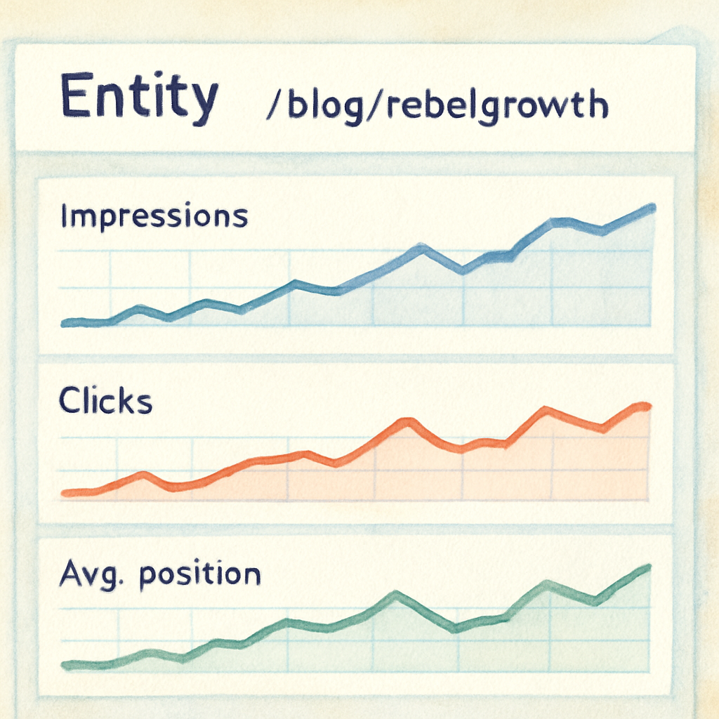 A sleek dashboard screenshot showing entity impressions, clicks, and average position graphs. Alt: Entity SEO tools performance dashboard visualizing key metrics for each entity.