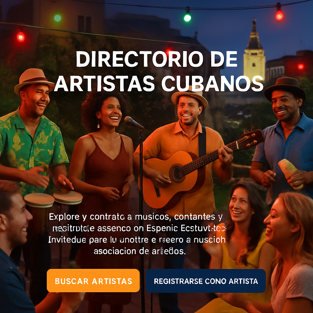 A lively scene of a Cuban salsa band performing on a terrace in Madrid, with colorful lights and smiling audience. Alt: Artistas musicales cubanos en España, música cubana en eventos españoles