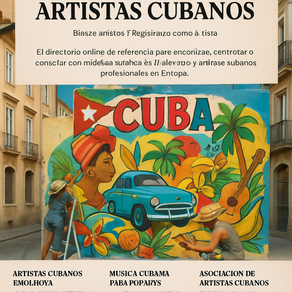 A vibrant mural in a European city with Cuban motifs, bright colors and tropical elements. Alt: Visual artists cubanos creando arte urbano en Europa