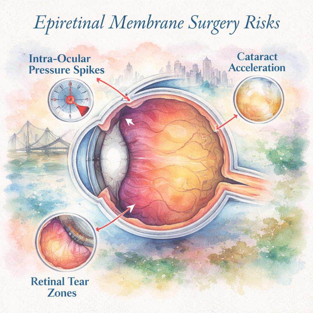 Watercolor illustration of an eye highlighting intra‑ocular pressure spikes, cataract acceleration, and retinal tear zones, with soft pastel colors and a subtle Sydney skyline in the background. Alt: epiretinal membrane surgery risks diagram watercolor.