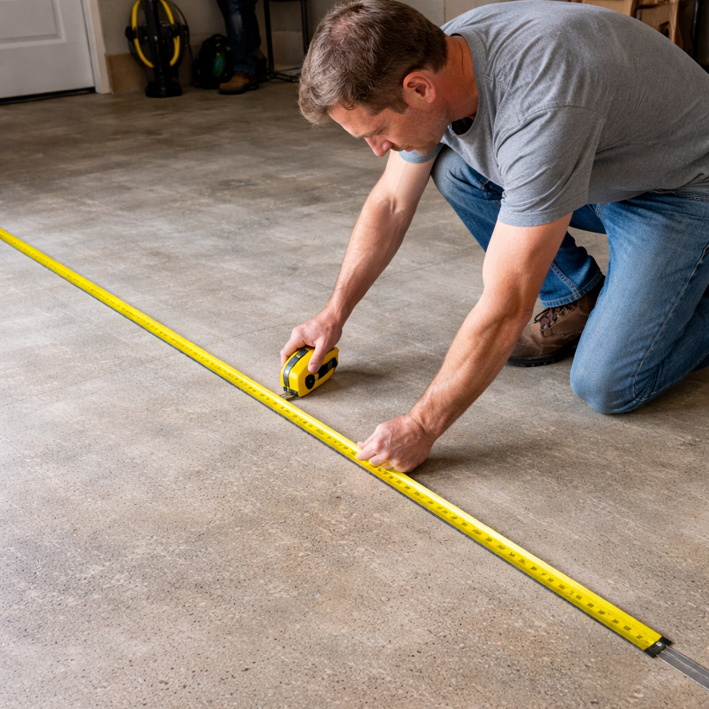 A realistic photo of a homeowner measuring a garage floor with a tape measure, showing clear markings on concrete. Alt: measuring garage floor for epoxy cost estimate