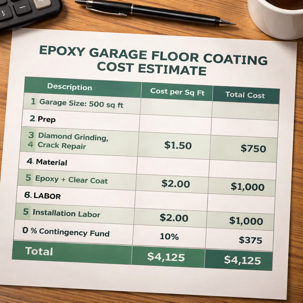 A realistic illustration of a spreadsheet showing epoxy garage floor coating cost breakdown, with rows for measurement, prep, material, labor, contingency. Alt: epoxy cost estimate spreadsheet
