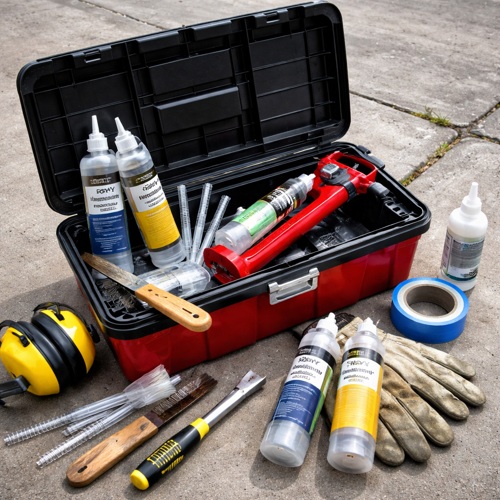 A realistic close‑up of a homeowner’s toolbox open on a driveway, showing an epoxy injection kit, caulking gun, wire brush, chisel, and safety gear. Alt: epoxy injection tools and materials for driveway repair