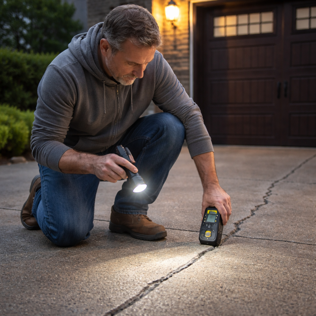 A realistic scene of a homeowner inspecting a driveway after epoxy repair, using a flashlight and a moisture meter. Alt: maintenance inspection of epoxy‑filled concrete driveway crack