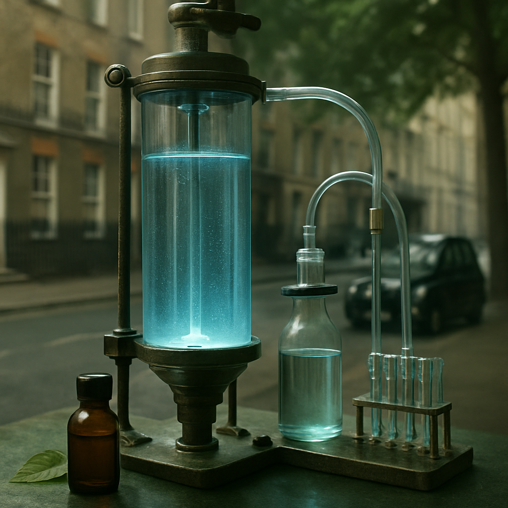 Et køligt, industrielt isvandsekstraktionsværktøj med små rør og en blød, blå belysning, der fremhæver de rene, klare væsker. Alt sammen i en grøn, jordnær atmosfære.