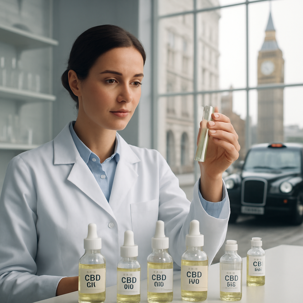 A sleek laboratory setting with a scientist holding a test tube, surrounded by clear bottles of CBD oil. Alt: Laboratory scientist with CBD oil bottles.