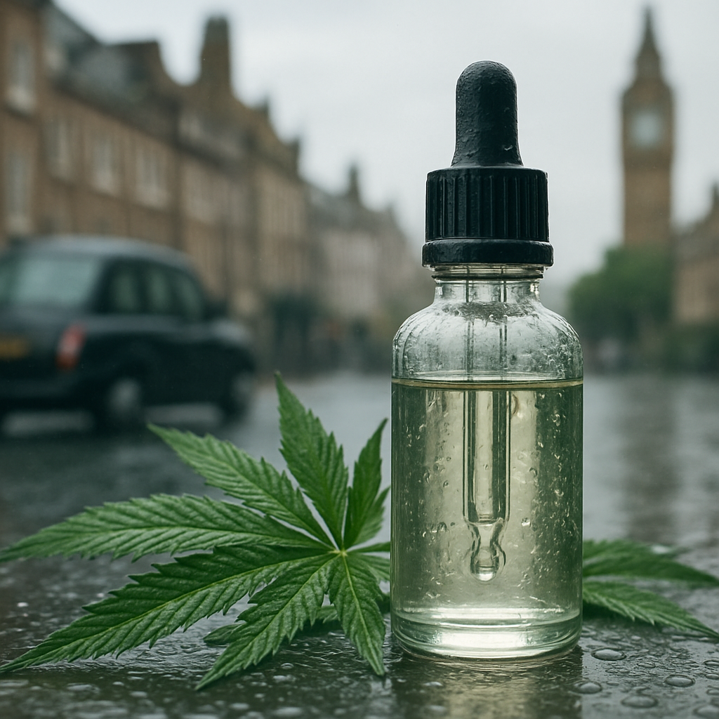 A serene, glass dropper of clear CBD oil beside fresh hemp leaves, with a subtle overlay of cold water droplets. Alt: Clear CBD oil in a glass dropper surrounded by hemp leaves and ice droplets.