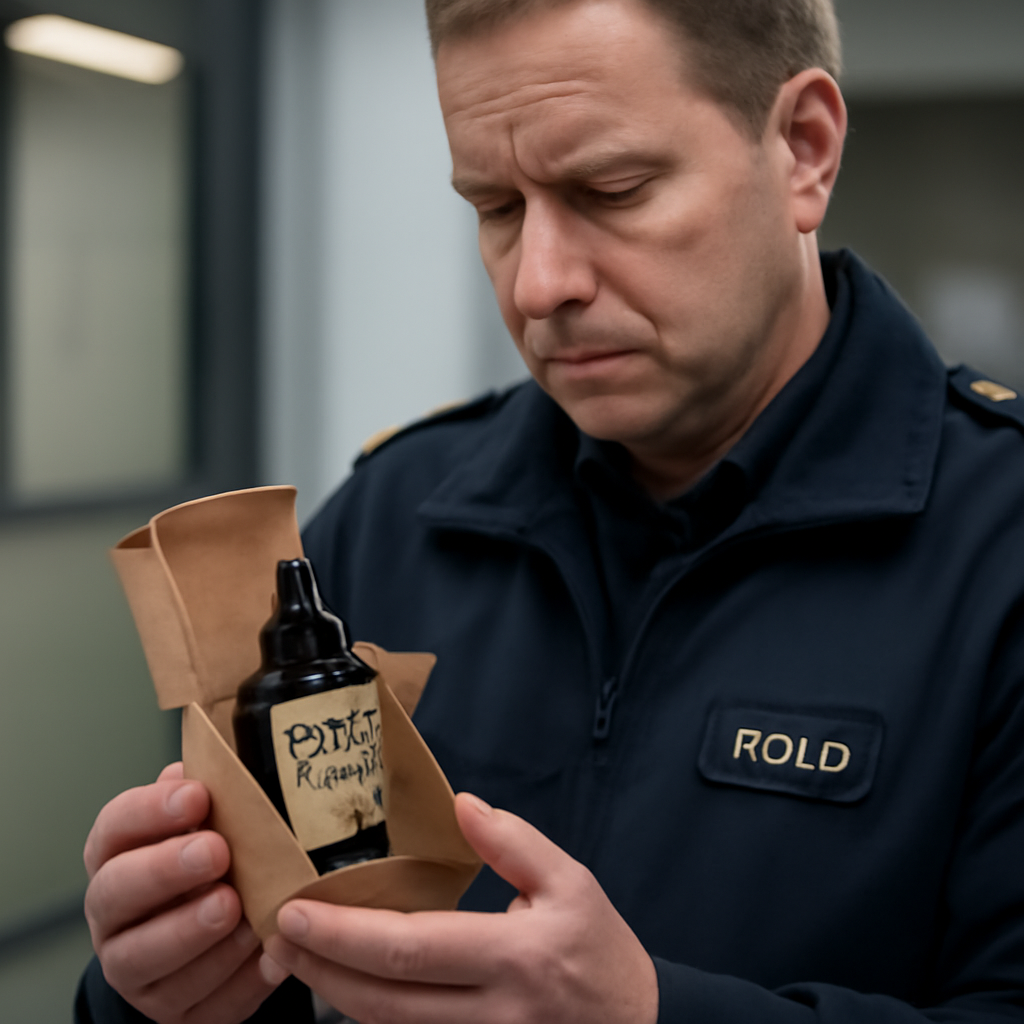 A Danish customs officer inspecting a small package containing CBD oil. Alt: Danish customs officer with CBD package