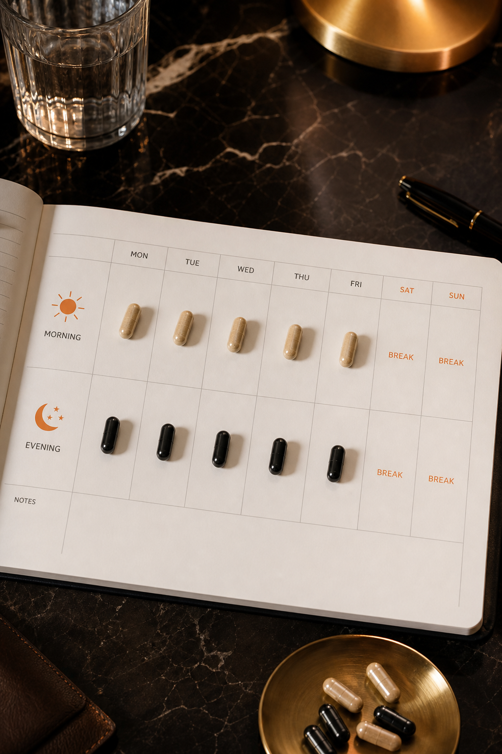 A realistic illustration of a daily supplement schedule on a calendar, with morning and evening capsule icons and a weekend break. Alt: dosage and cycle protocol for erection strength supplement
