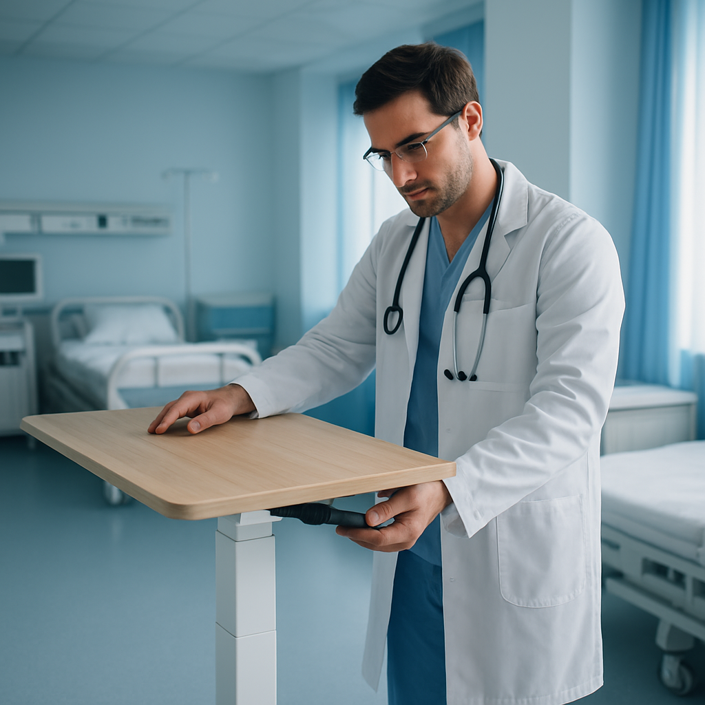 A doctor adjusting a standing desk in a bright hospital ward, focusing on ergonomic setup, with blue and white color scheme. Alt: Doctor setting up ergonomic workspace.