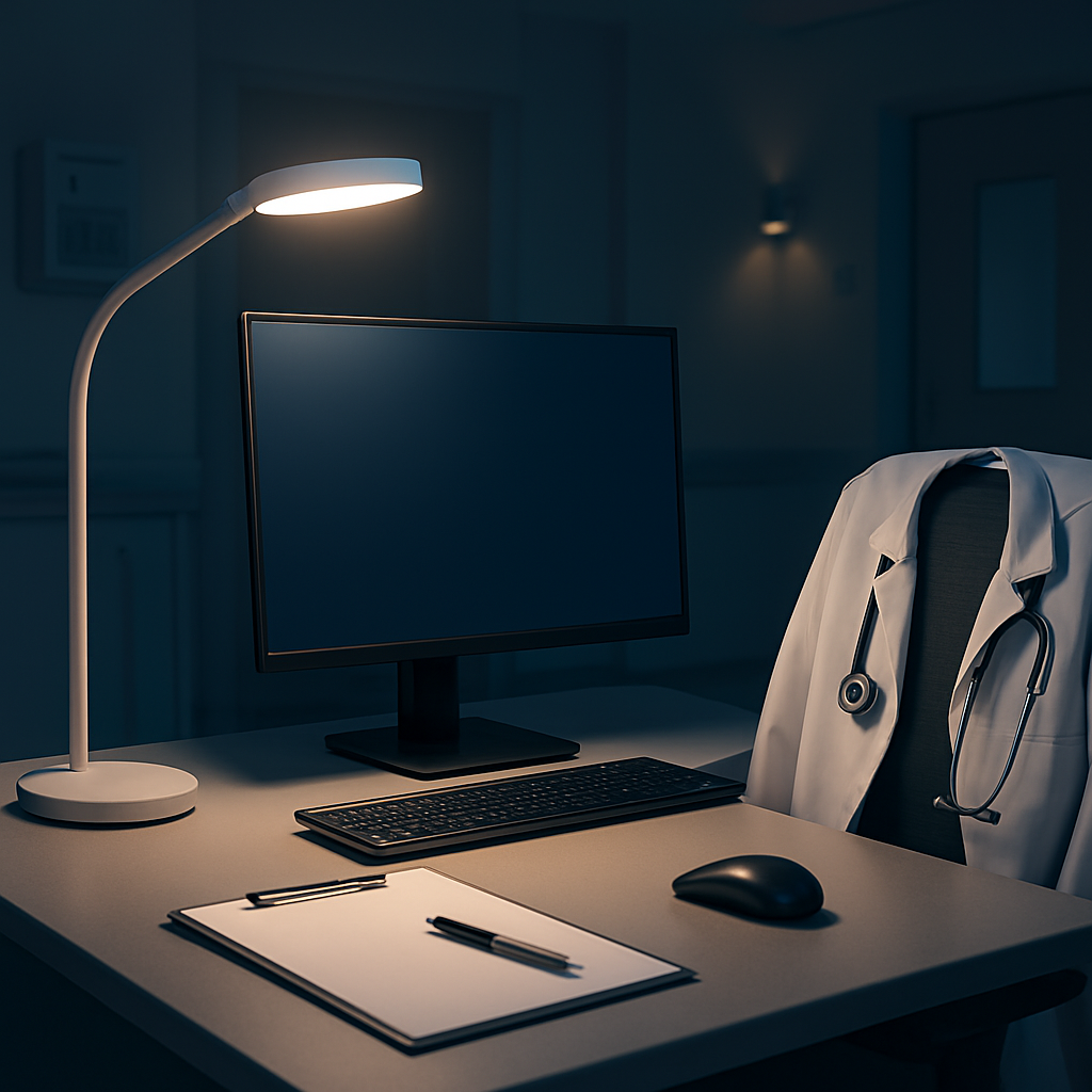 A modern hospital workstation with adjustable LED desk lamp, monitor, and soft ambient lighting. Alt: ergonomic lighting setup for doctors.