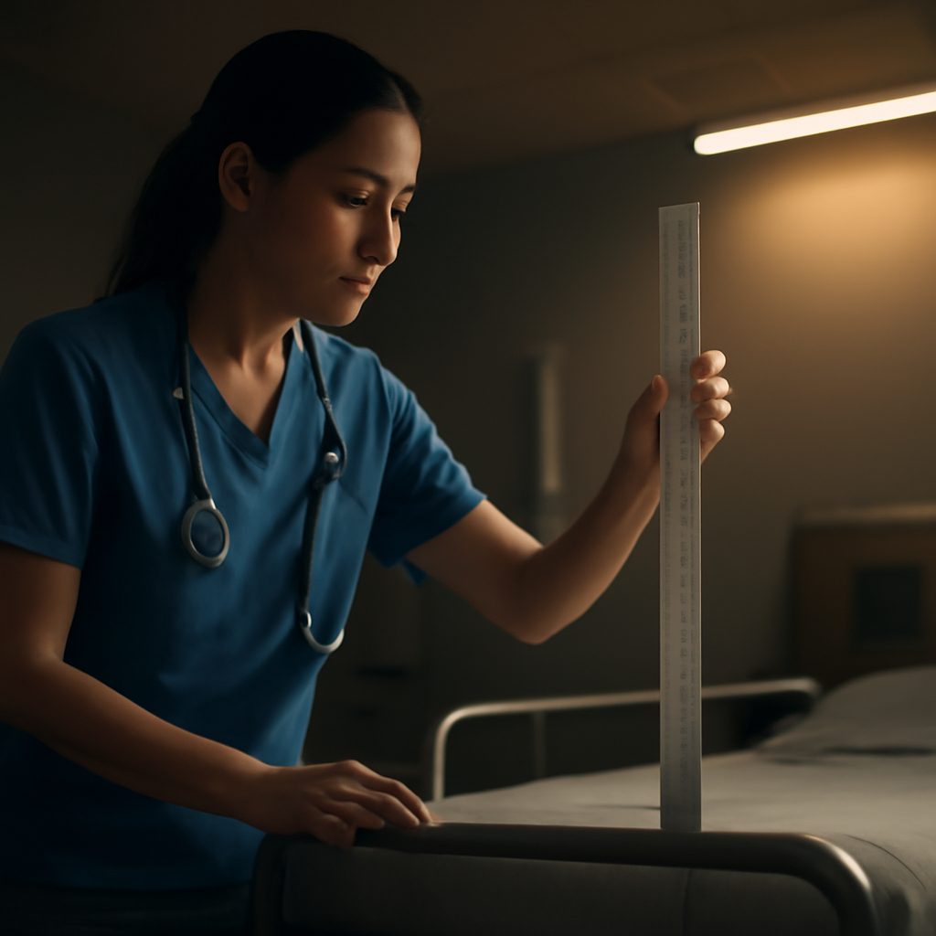 A nurse adjusting bed height with a ruler, ergonomic lighting in the background. Alt: Nurse adjusting bed height for ergonomic work station.