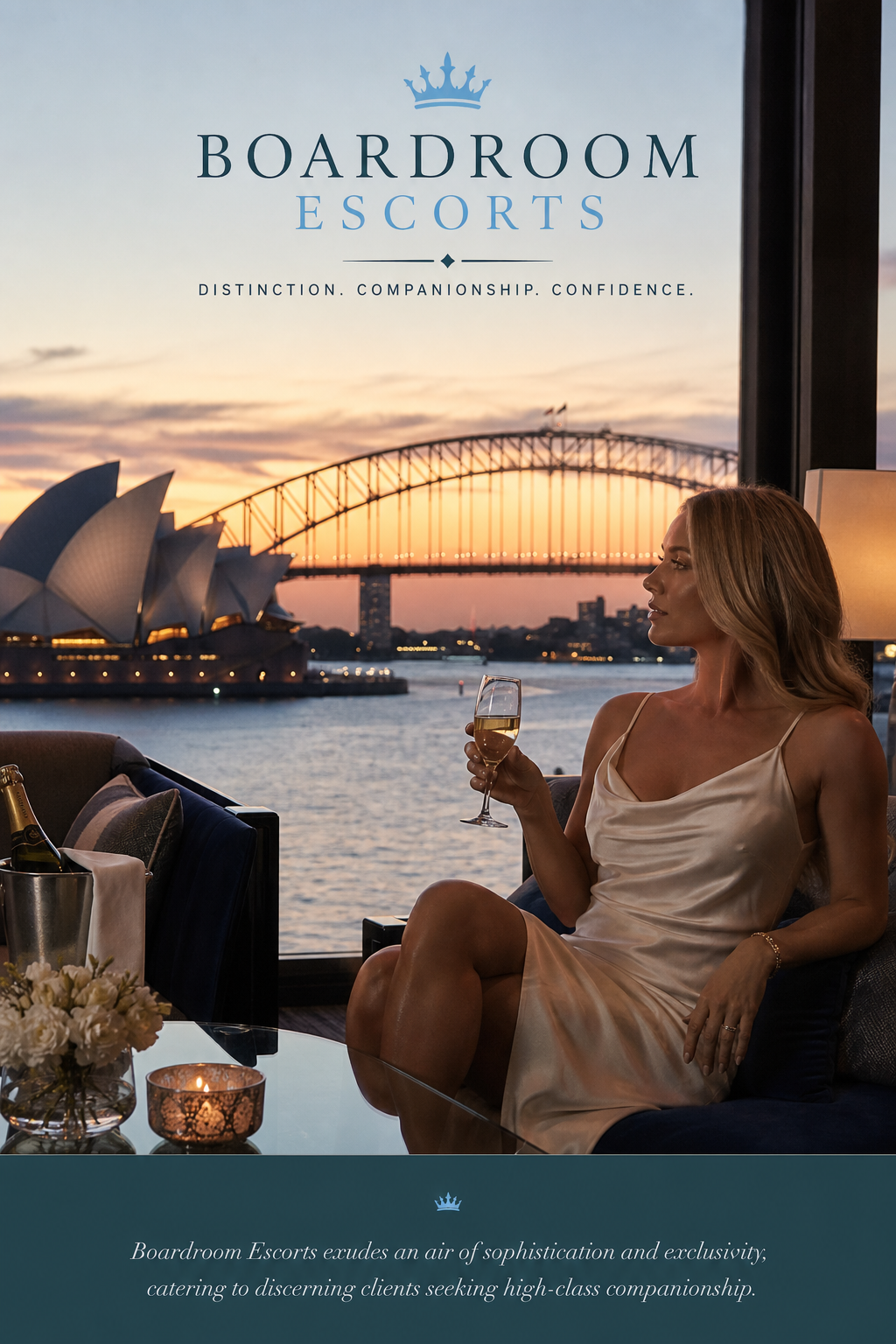 A photorealistic prompt for an AI image generator: Realism style, a luxe Sydney skyline at dusk with a private lounge and a hint of exclusivity, conveying privacy and high-end service. Alt: Luxury Sydney escort directory setting.