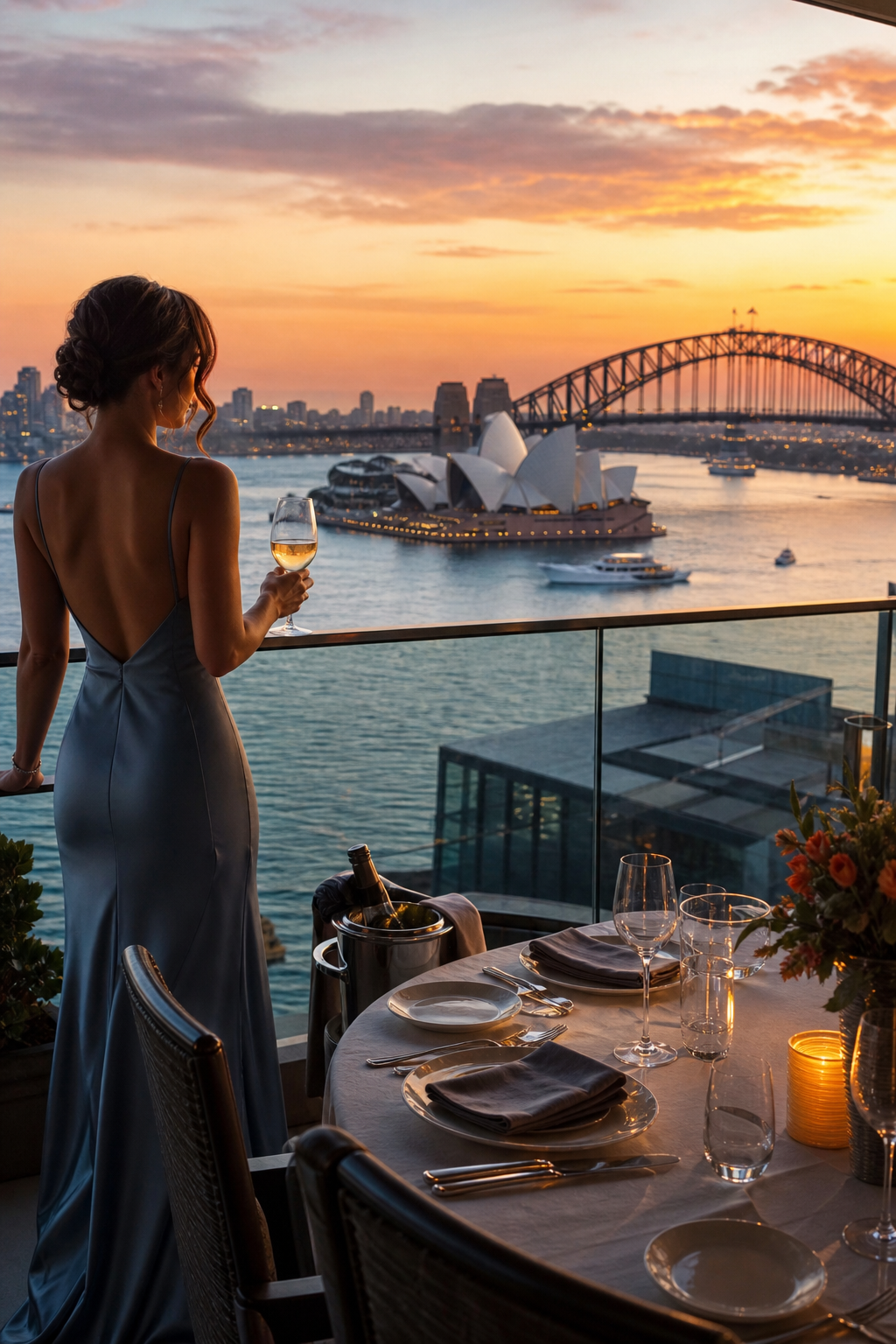 A photo-realistic image of a luxury Sydney harbour view at sunset, with a private dining setup on a balcony overlooking the Opera House and Harbour Bridge. Alt: Luxury Sydney harbour dining scene with escort service.