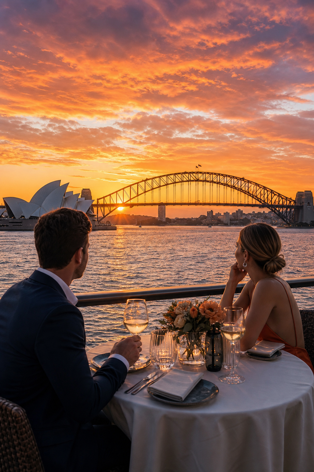 A realistic image of Sydney Harbour at sunset with the Opera House and Harbour Bridge in the background, evoking a romantic and luxurious atmosphere. Alt: Romantic Sydney Harbour sunset setting for a girlfriend experience date.