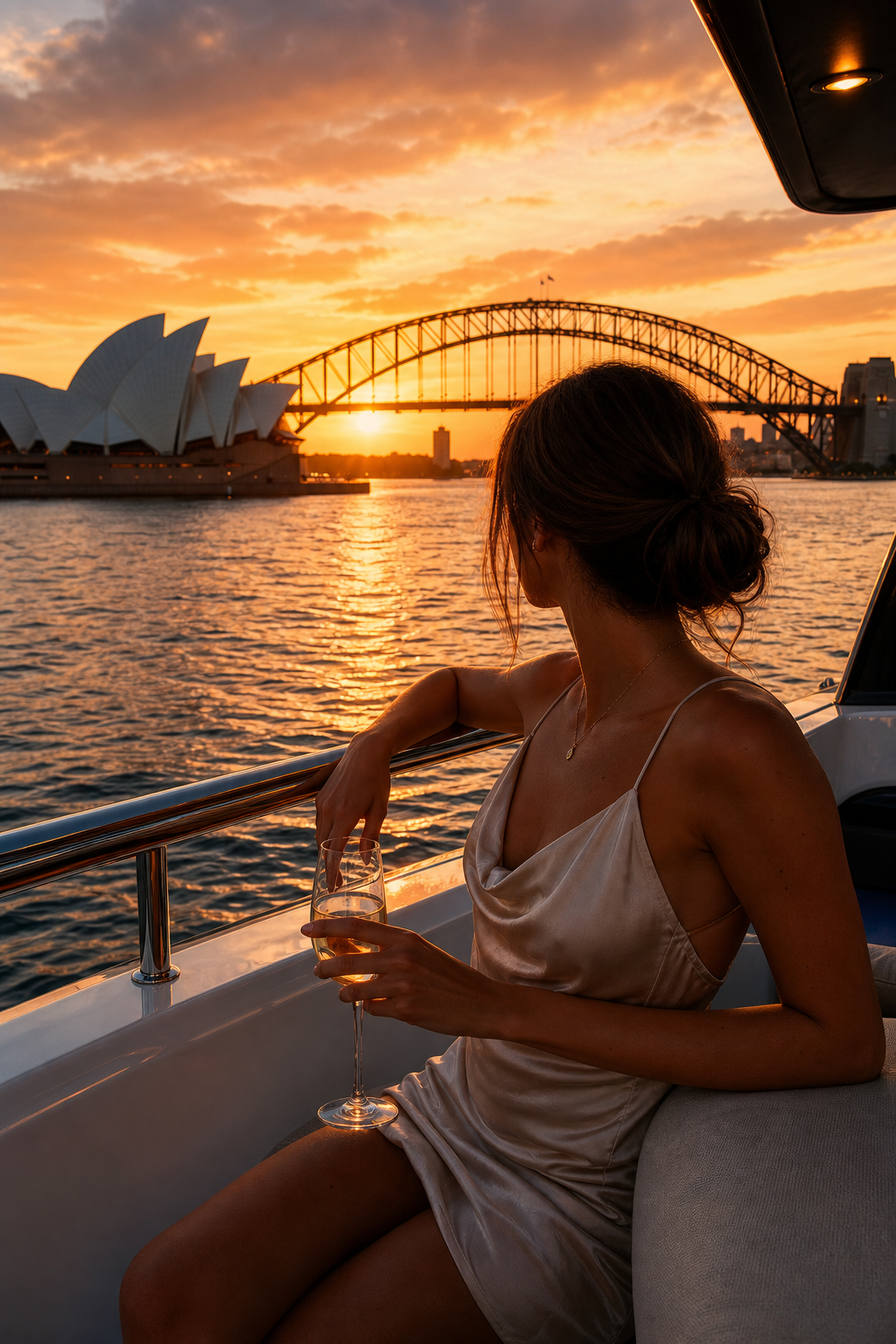 A luxurious Sydney harbor view from a high-rise apartment at sunset, with a beautifully dressed couple sharing champagne on a private balcony. Alt: Luxury GFE Sydney harbor view vip escort experience Boardroom Escorts