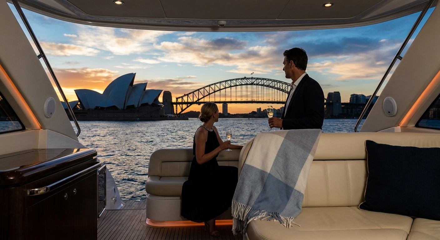 A stunning sunset view over Sydney Harbour with the Opera House and Harbour Bridge silhouetted, evoking a luxurious and discreet evening out. Alt: Sydney Harbour at sunset , luxury escort girls Sydney.