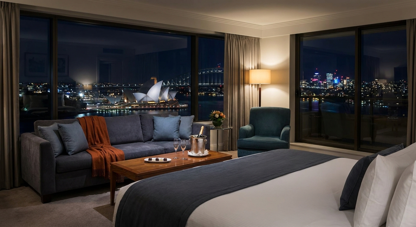 A luxurious hotel room with a view of the Sydney skyline at night, suggesting a discreet and elegant outcall experience. Alt: Sydney skyline hotel room , VIP escort girls Sydney.