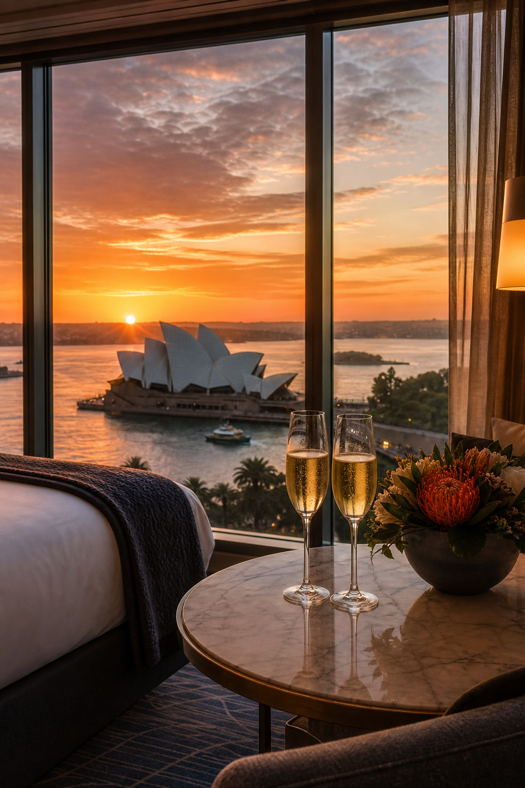 A luxury hotel room in Sydney with a view of the Opera House at sunset, two glasses of champagne on a table. Alt: Luxury companion escorts Sydney premium outcall services