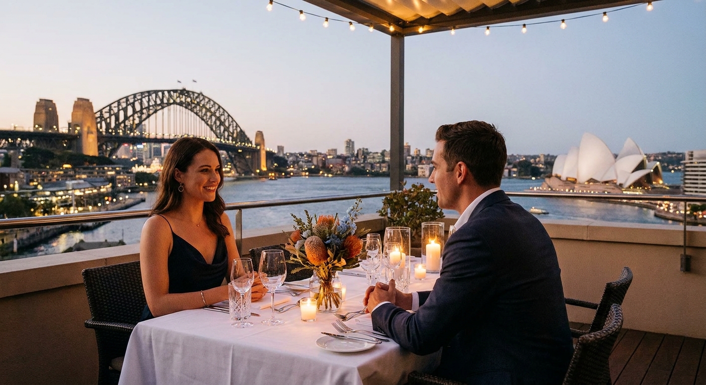 A candlelit dinner at a rooftop restaurant overlooking Sydney Harbour Bridge. Alt: Independent escorts Sydney dinner date companion
