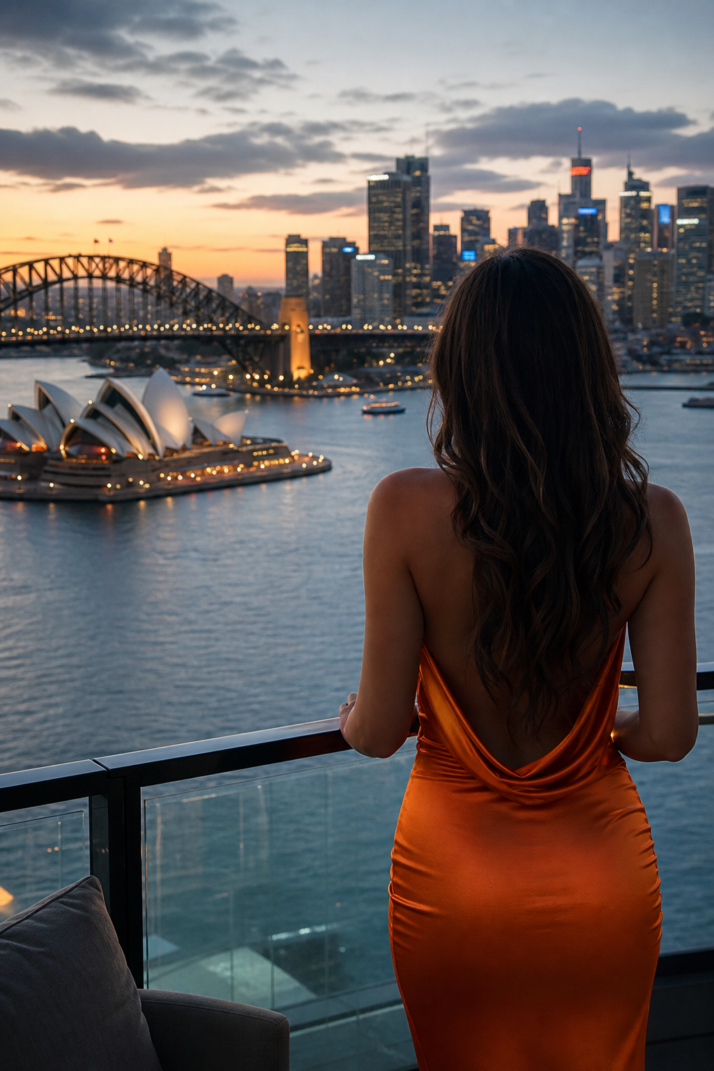 A photorealistic view of Sydney Harbour at dusk with the Opera House and Harbour Bridge, symbolizing the contrast between legal frameworks and the vibrant urban landscape. Alt: Sydney Harbour at dusk, representing the legal diversity in Australia's escort industry.