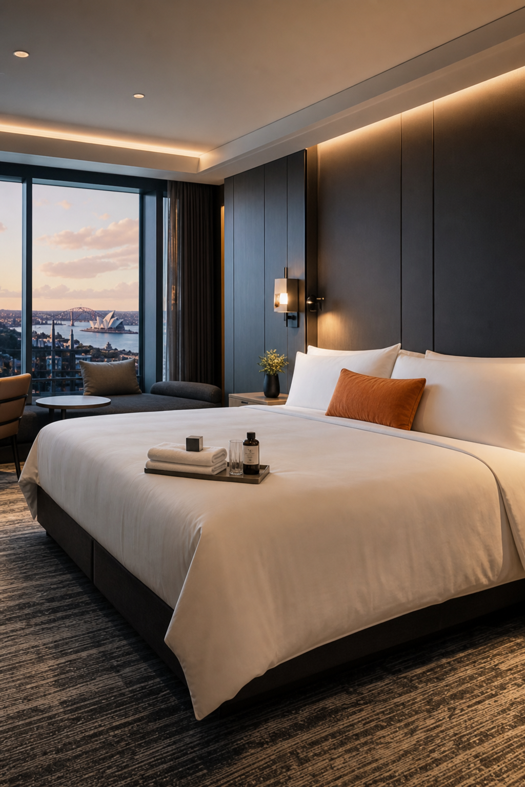 A luxury Sydney hotel room with a view of the city skyline, illustrating a safe and discreet environment for outcall services. Alt: Luxurious hotel room in Sydney with skyline view, depicting safe outcall settings.