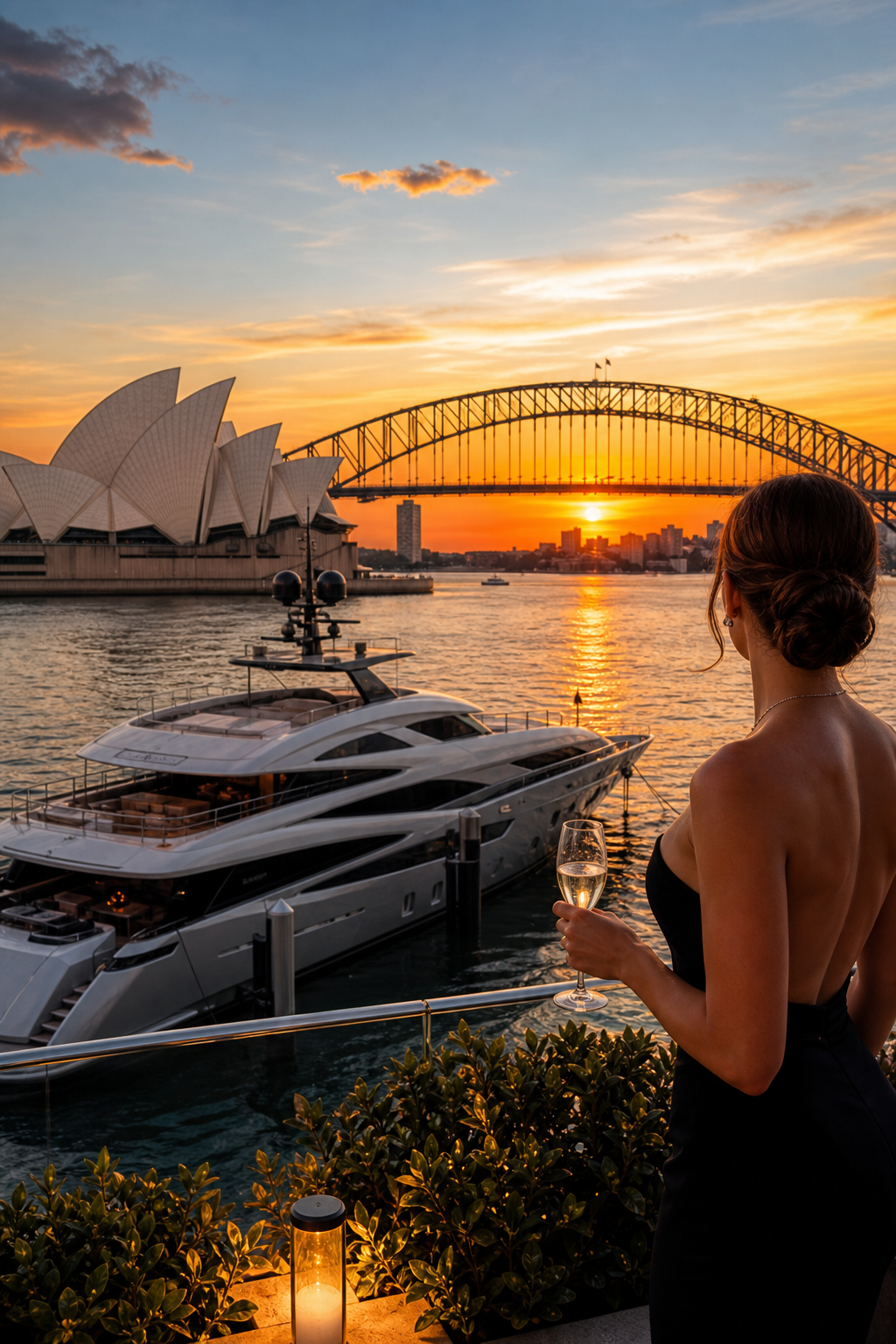 A panoramic view of the Sydney Harbour Bridge and Opera House at sunset, with luxury yachts in the foreground, evoking the discreet high-end lifestyle that Boardroom Escorts caters to. Alt: Sydney Harbour at sunset , luxury escort agency backdrop.