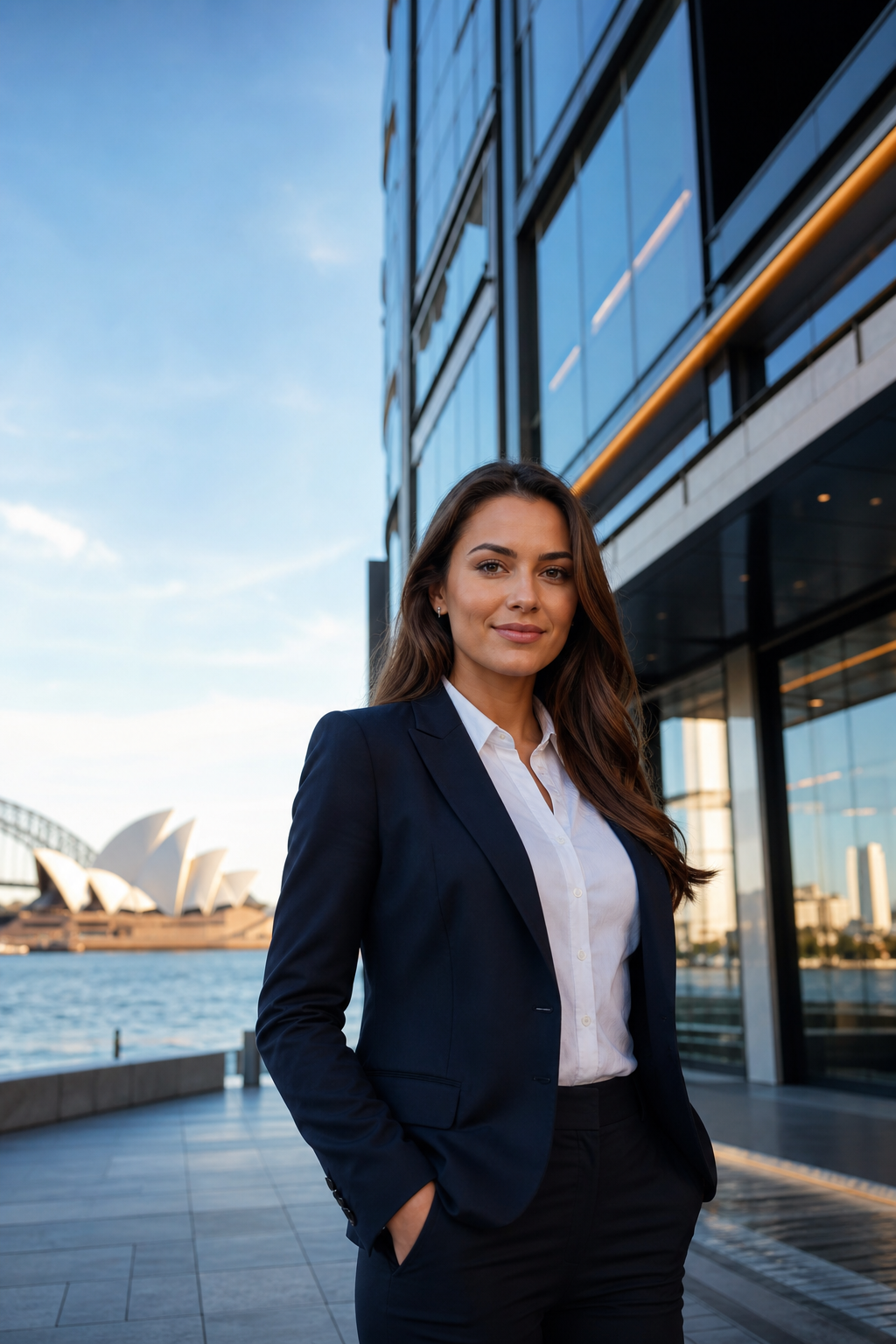 A crisp, well-lit photograph of a professional woman in a business suit standing by a modern office building, symbolising the legitimate, independent escort who operates legally. Alt: Professional escort in Sydney , legal independent companion.