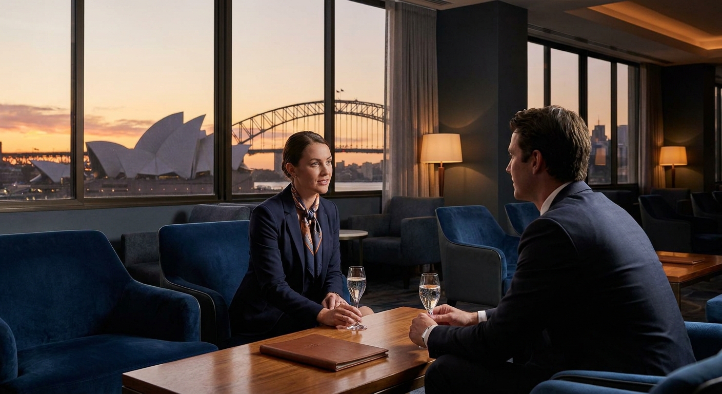 A photorealistic scene of a luxury escort meeting a client at a five‑star hotel lounge at sunset, Sydney Harbour visible through floor‑to‑ceiling windows, elegant attire, subtle lighting, Realism style, alt: luxury escort overnight service in Sydney