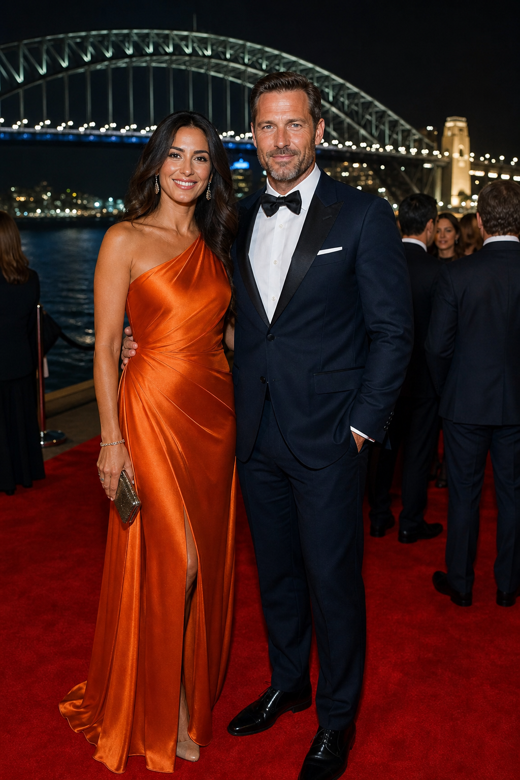 A photorealistic image of a well‑dressed companion standing beside a corporate executive on a red carpet at a Sydney gala, the Harbour Bridge illuminated in the background, Realism style, alt: high‑profile companion at Sydney gala