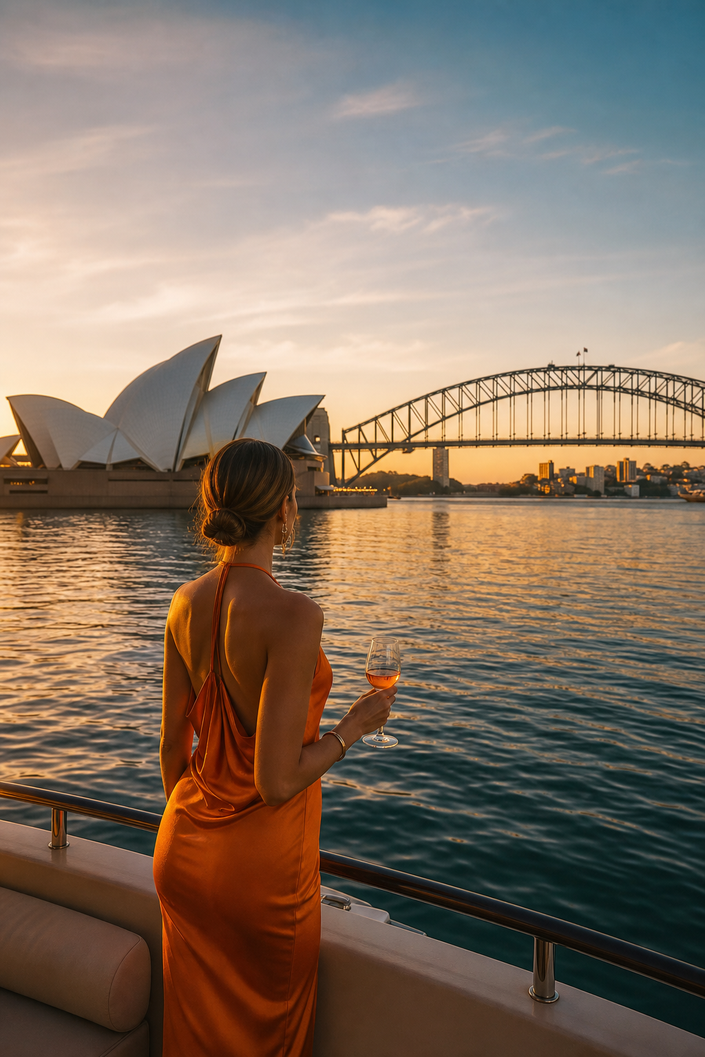 A photorealistic wide-angle shot of Sydney Harbour at golden hour, the Opera House and Harbour Bridge reflected in calm water, warm amber light across the skyline, editorial travel photography style with rich depth. Alt: Sydney Harbour escort companion guide luxury experience.