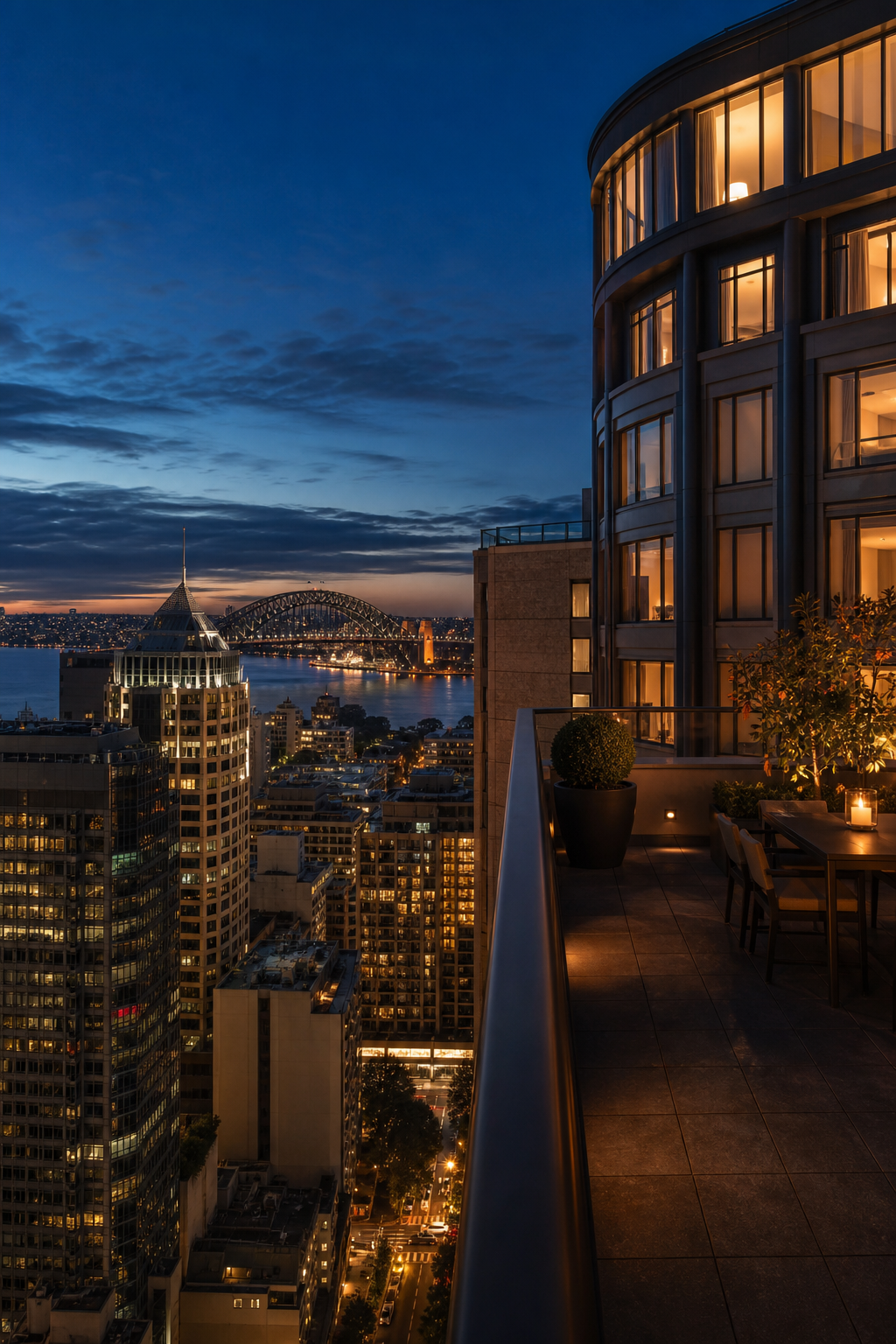 A photorealistic improved view of Sydney's CBD at dusk, luxury hotel facades lit against a deepening blue sky, the Harbour Bridge visible in the distance, cinematic depth of field, warm interior lights glowing through hotel windows. Alt: Sydney CBD luxury hotel escort companion discreet location.
