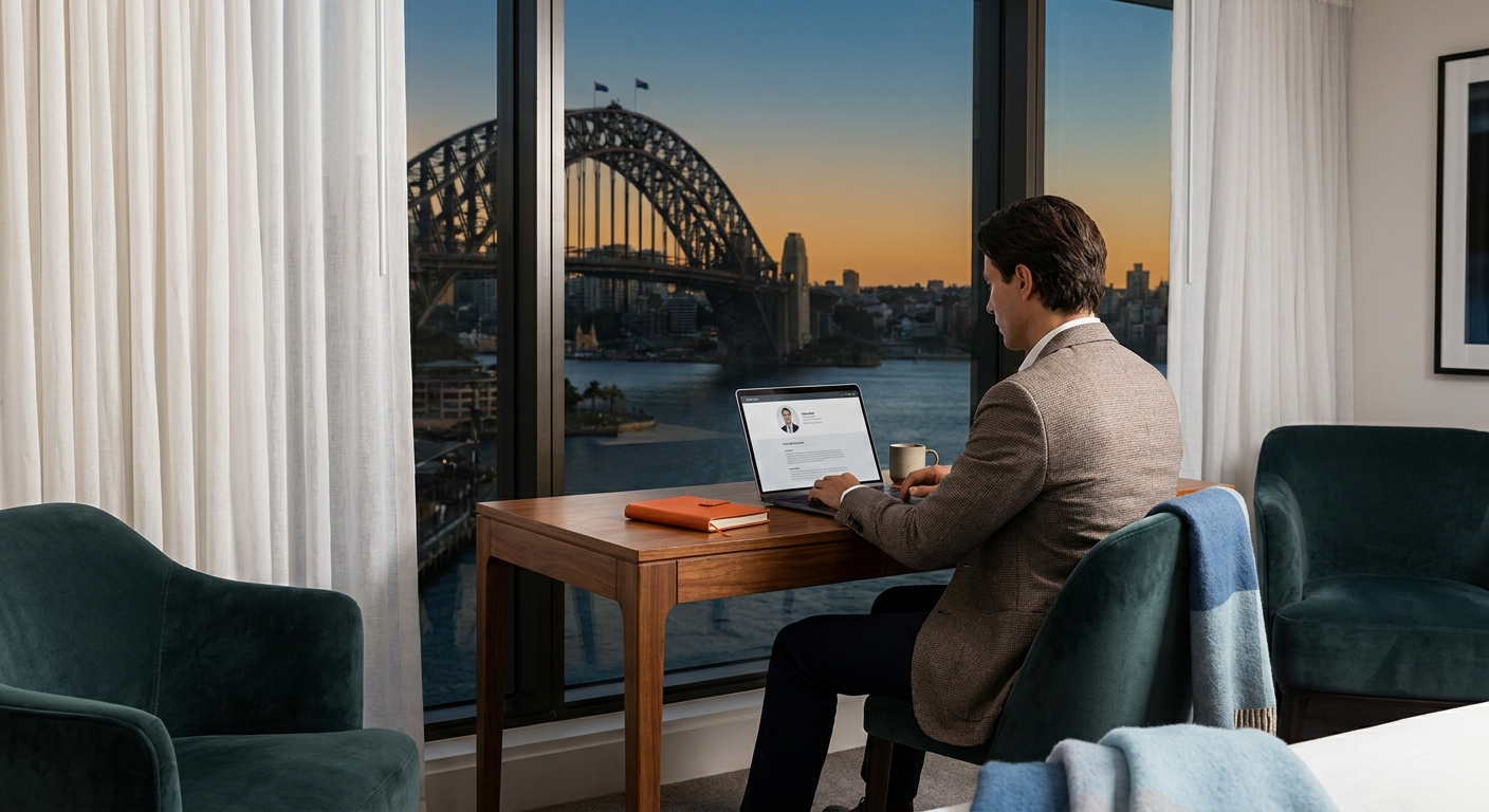 A photorealistic editorial image of a person sitting at a sleek laptop in a sophisticated Sydney hotel room, studying a profile on screen, with a partial view of Sydney Harbour Bridge through the floor-to-ceiling window in golden evening light. Alt: Person reviewing escort profile on laptop in luxury Sydney hotel room with harbour view.