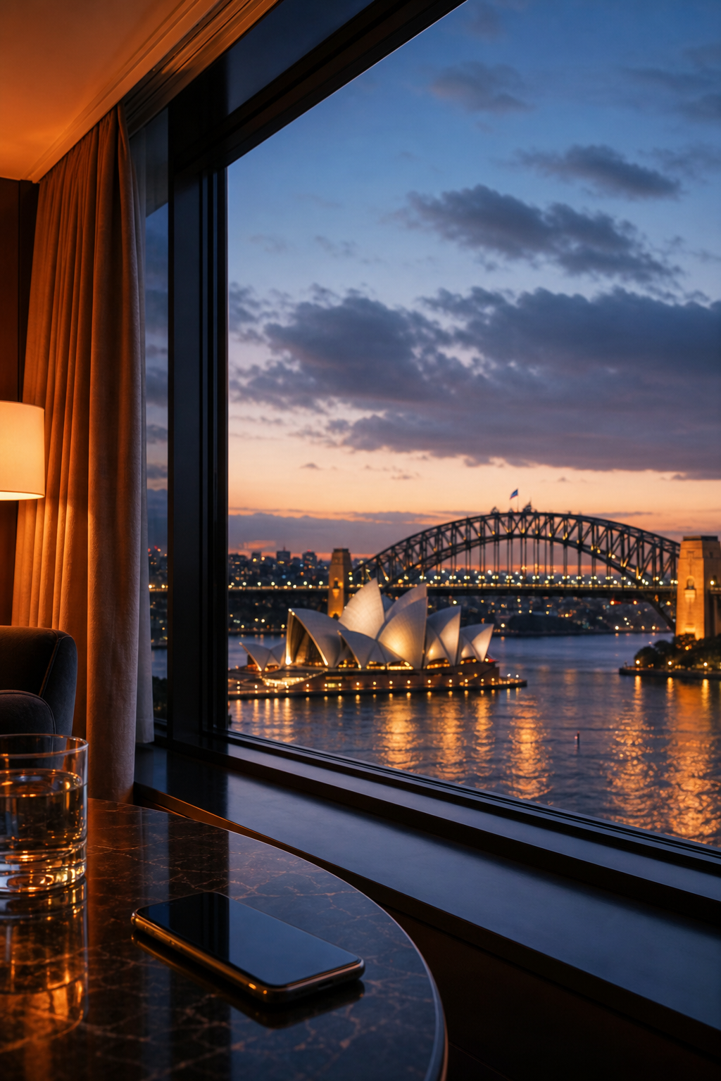 A cinematic evening view of the Sydney Harbour Bridge and Opera House with warm amber lights reflecting on the water, framed through a luxury hotel window with a sleek smartphone on the sill, suggesting discreet urban privacy. Alt: Sydney Harbour Bridge at dusk viewed from a luxury hotel room, illustrating private communication for discreet escort clients.