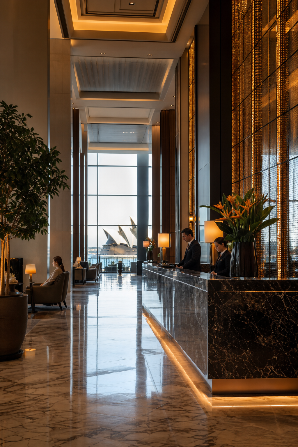 A refined, photorealistic scene inside a Sydney five-star hotel lobby with marble floors, warm lighting, and a reception desk staffed by professional concierges, conveying quiet luxury and complete discretion. Alt: Luxury Sydney hotel lobby interior with marble finishes, representing discreet accommodation choices for private escort bookings.