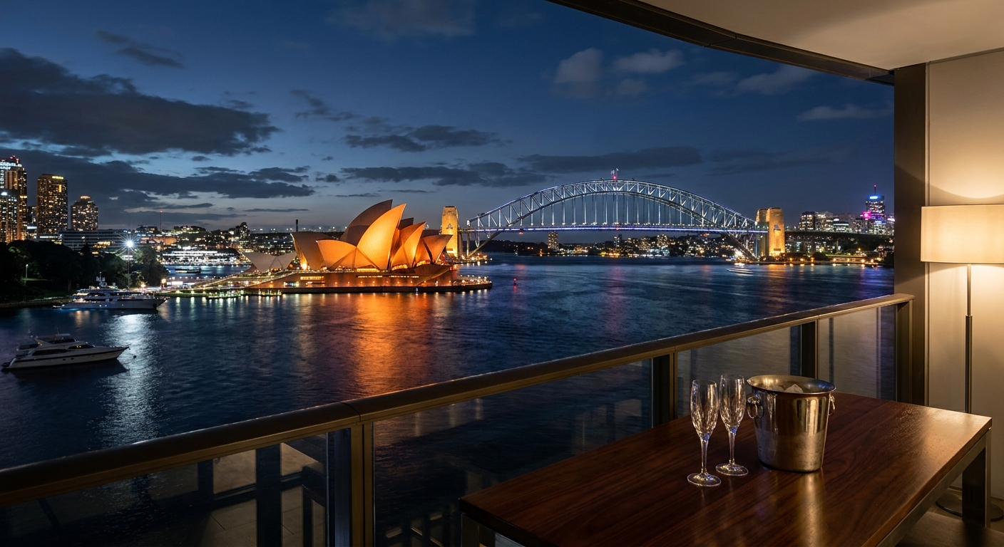 A sophisticated nighttime view of Sydney Harbour with the Opera House lit up in warm amber tones, reflecting on the water, shot in photorealistic style with a luxury feel. Alt: luxury Sydney escort agency boardroom escorts Sydney Harbour view.