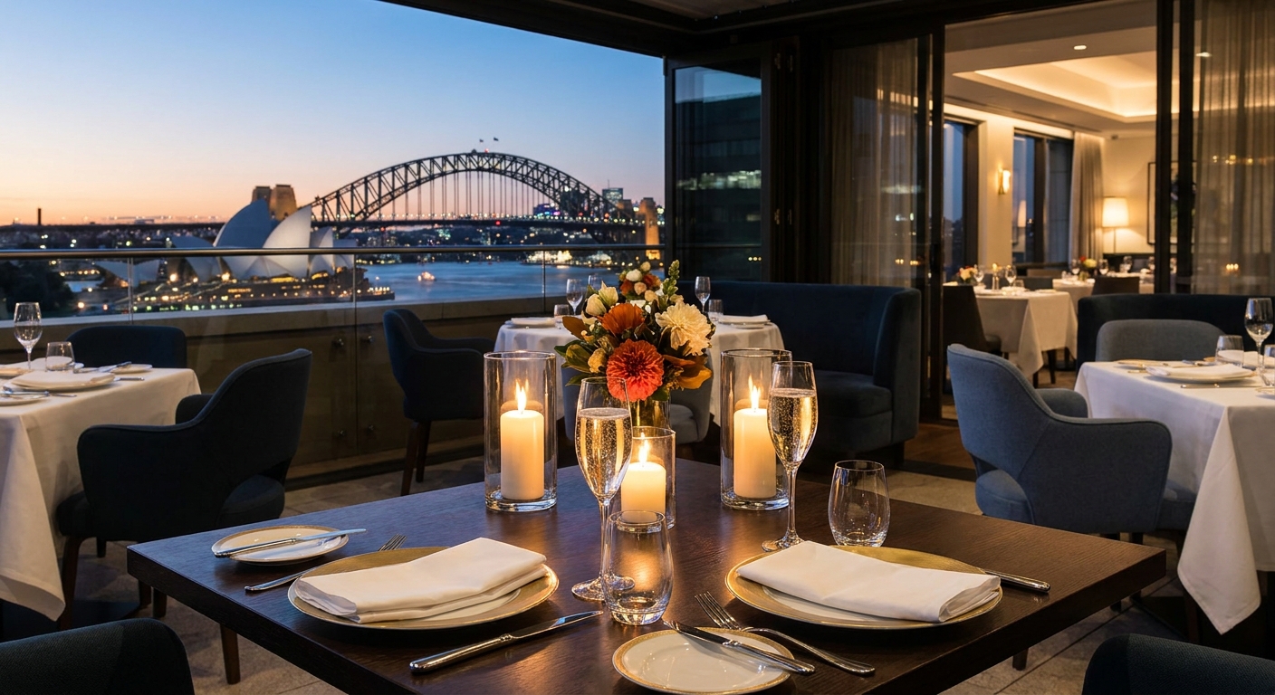 An elegant candlelit dinner table set for two at a rooftop Sydney restaurant with harbour bridge views at dusk, photorealistic style, warm golden lighting, champagne glasses visible. Alt: luxury dinner companion escort Sydney harbour bridge restaurant.