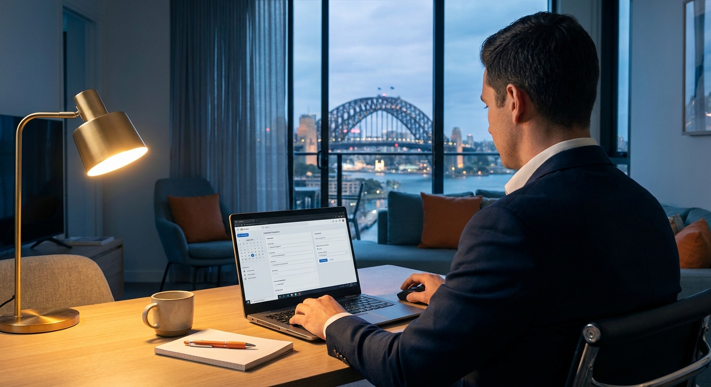 A photorealistic over-the-shoulder view of a well-dressed professional reviewing booking details on a laptop in a quiet Sydney apartment, Sydney Harbour Bridge visible through the window at dusk, warm interior lighting. Alt: Client completing escort screening and vetting before a discreet Sydney booking.